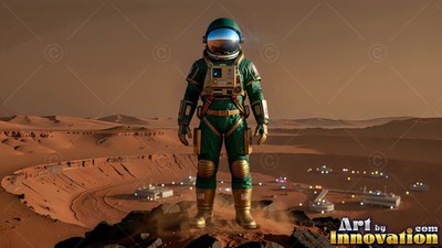 Standing upright on a rocky ridge, an astronaut in a green suit looks over a desert base