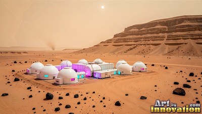 White dome habitats sit on dusty orange sand beside rocky desert hills