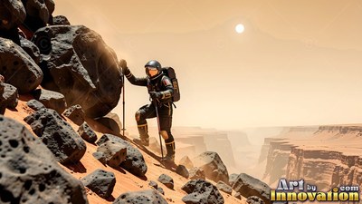 On a desert cliff, an astronaut in a dark spacesuit hikes up orange sand