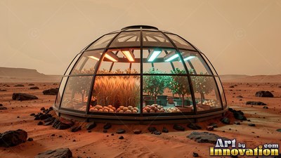 Sheltering green plants under overhead lights, a glass dome sits in red desert sand