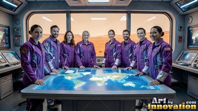 Crew in purple flight suits around a lit map table in an orbital room