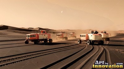 With orange and white boxy bodies, rovers drive across dark sand dunes under a dusty sky