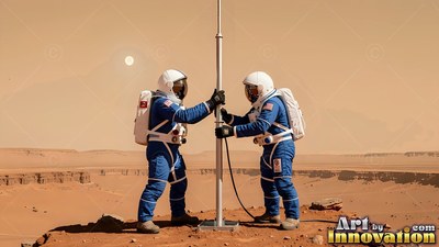 Two astronauts in blue spacesuits plant a flagpole under pale orange sunlight