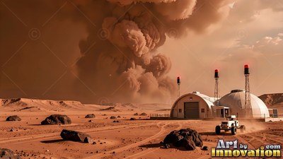 Parked beside a dome habitat, a rover sits on an orange desert before a storm cloud