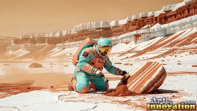 An astronaut in a teal and orange suit kneels to study a striped rock on a dusty plain
