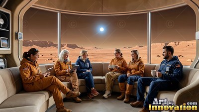 Inside a Martian lounge, an astronaut crew sits on a sofa overlooking the red desert