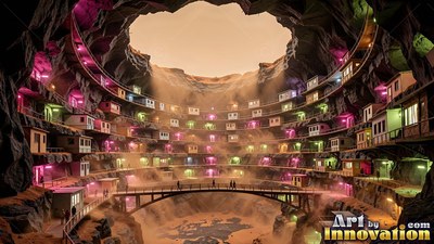 Circling a deep crater, tiers of small lit homes sit beneath an open sky
