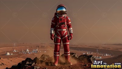 Astronaut in a red suit standing on a rocky hill overlooking a Mars base