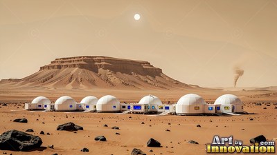 White domed habitats linked together stand on the red sand before a rocky mesa