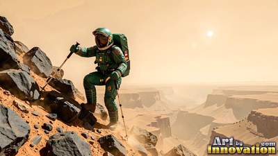An astronaut in a green suit hikes up a rocky hill under a pale orange sky