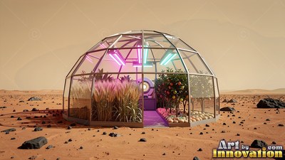 Seen straight on, a glass greenhouse dome stands on the red sand of Mars