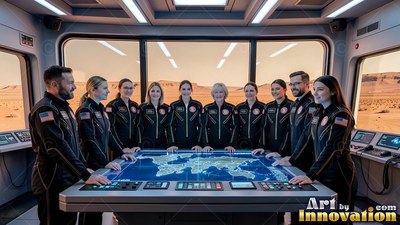 An astronaut crew in black uniforms gathers around a blue map table in a control room