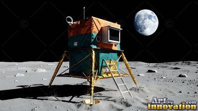 On a gray lunar surface, a teal and orange lander rests under the moon