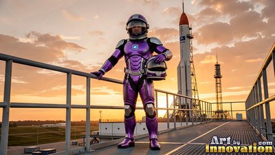 Standing on a metal walkway, an astronaut in a purple suit poses near a rocket launchpad
