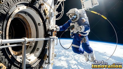 Clad in a blue spacesuit, an astronaut works outside an open space station hatch high above Earth