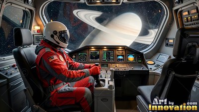 An astronaut in a red suit steers a spacecraft toward Saturn lit by soft white light