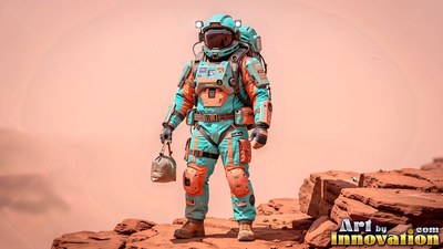 Standing on a red rocky ledge, an astronaut in a teal and orange spacesuit