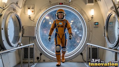 An astronaut in an orange suit walks down a hallway with round windows into space