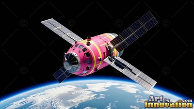In orbit above Earth, a pink and yellow spacecraft extends four solar panels