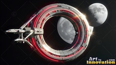 Orbiting near moons, a circular space station shines with red lights beside a ship