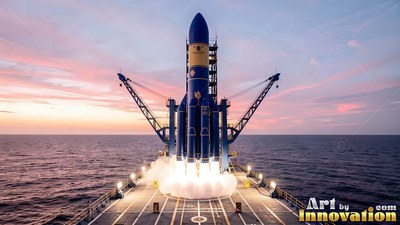 Blue rocket lifting off from a ship deck at dawn