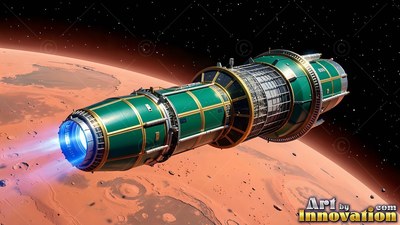 Green and gold hull panels wrap around a long spaceship flying over a red planet