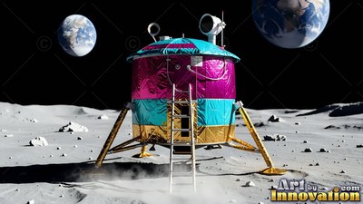 A lunar lander rests on the gray moon surface beneath bright magenta foil wraps