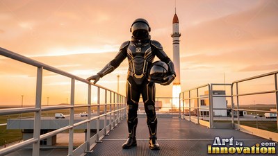 Standing on a launchpad bridge, an astronaut holds a black helmet at sunset