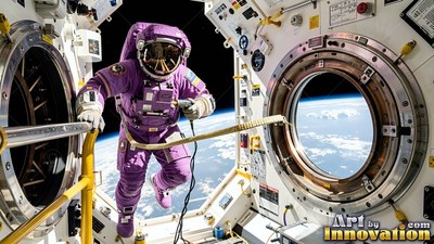 Inside a space station hatch, an astronaut in a purple spacesuit floats by Earth