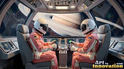 Piloting a spaceship, two astronauts in pink suits look out a window toward Saturn