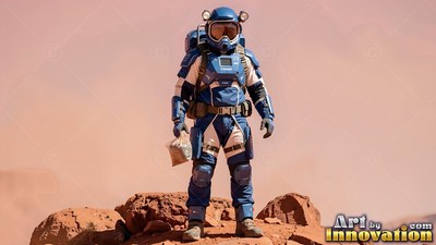 Astronaut in a blue spacesuit standing on red desert rocks