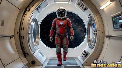 Red spacesuit on an astronaut walking through a circular white airlock toward space