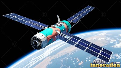 A spacecraft orbits above Earth, with sunlight gleaming on its blue solar panels