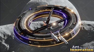 Tilted from above, a circular space station orbits a gray moon with two shuttles below