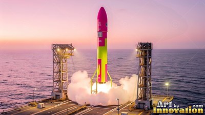 A bright pink and yellow rocket lifts off with white smoke from a platform in the sea