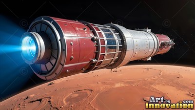 In orbit over Mars, a red and white rocket ship fires a blue engine thruster