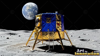 Resting on the gray lunar ground, a gold and blue lander sits below Earth in the black sky