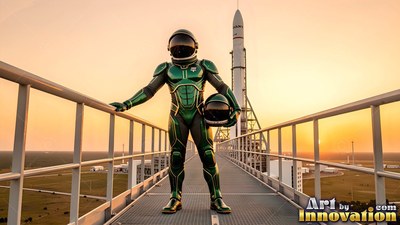 Astronaut in green armor stands on a bridge near a rocket at sunset
