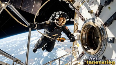 An astronaut floats beside an open hatch, bright sunlight catching the gold visor