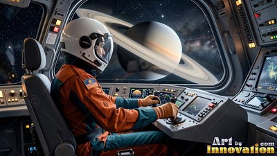 Seated in profile inside a cockpit, an astronaut in an orange suit looks at Saturn