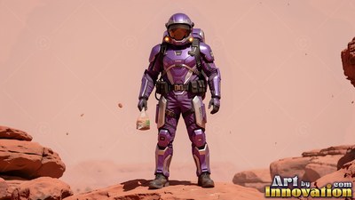 An astronaut in a purple spacesuit stands on reddish desert rocks holding a bag