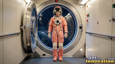 Inside a spaceship airlock, an astronaut stands in a pink suit before an open hatch