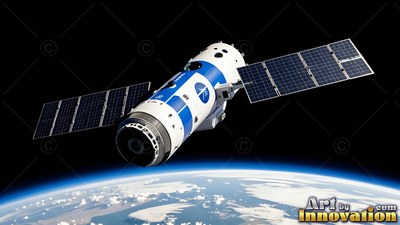 Orbiting high above Earth, a blue and white spacecraft extends its solar panels