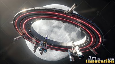 Ring space station with red lights orbiting in front of the moon