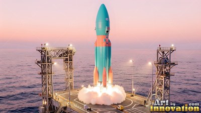 Teal and orange paint covers a rocket lifting off from a sea launch platform at dawn