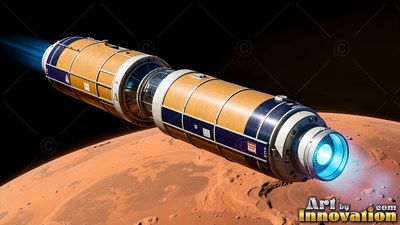 A cylindrical spacecraft cruises past Mars, firing bright blue thrusters over the orange planet