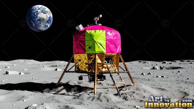 Standing upright on the gray moon, a pink and green lander rests under Earth