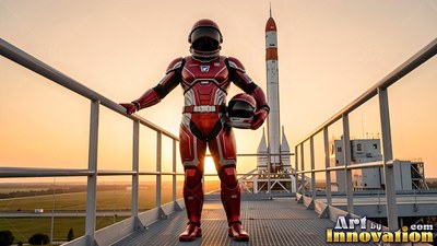 An astronaut in a red spacesuit stands on a high walkway near a tall rocket at sunset