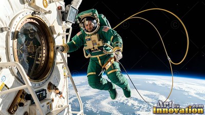 Floating outside an airlock, an astronaut in a green suit works above the blue Earth