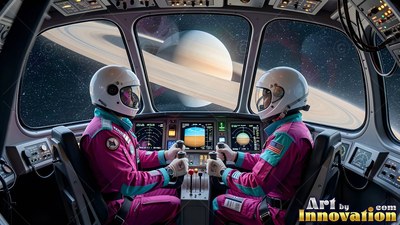 Two astronauts in pink suits fly a spaceship past a ringed planet